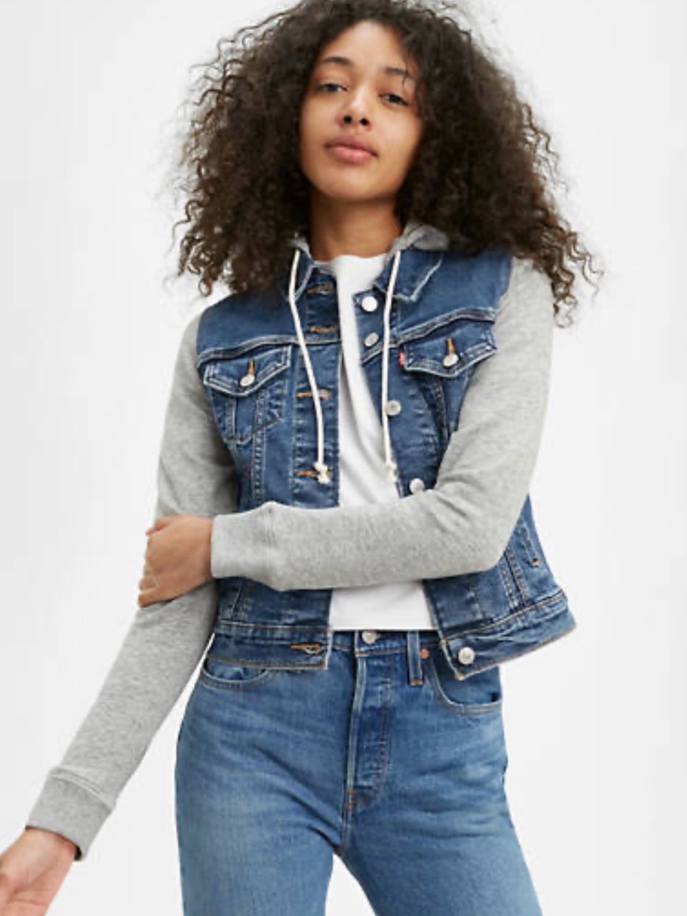 Levi's Blue Denim Jacket with Gray Hoodie Sleeves